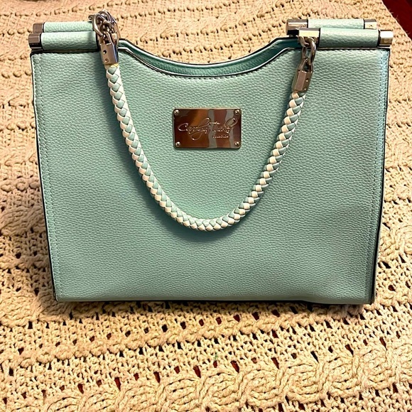 Carolyn Tucker collections seafoam blue with braided handles zipper‎ bag tote. - Picture 1 of 14